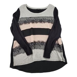 B'leev Womens Long Sleeve Blouse Lace Striped Black Gray Pink Size XL